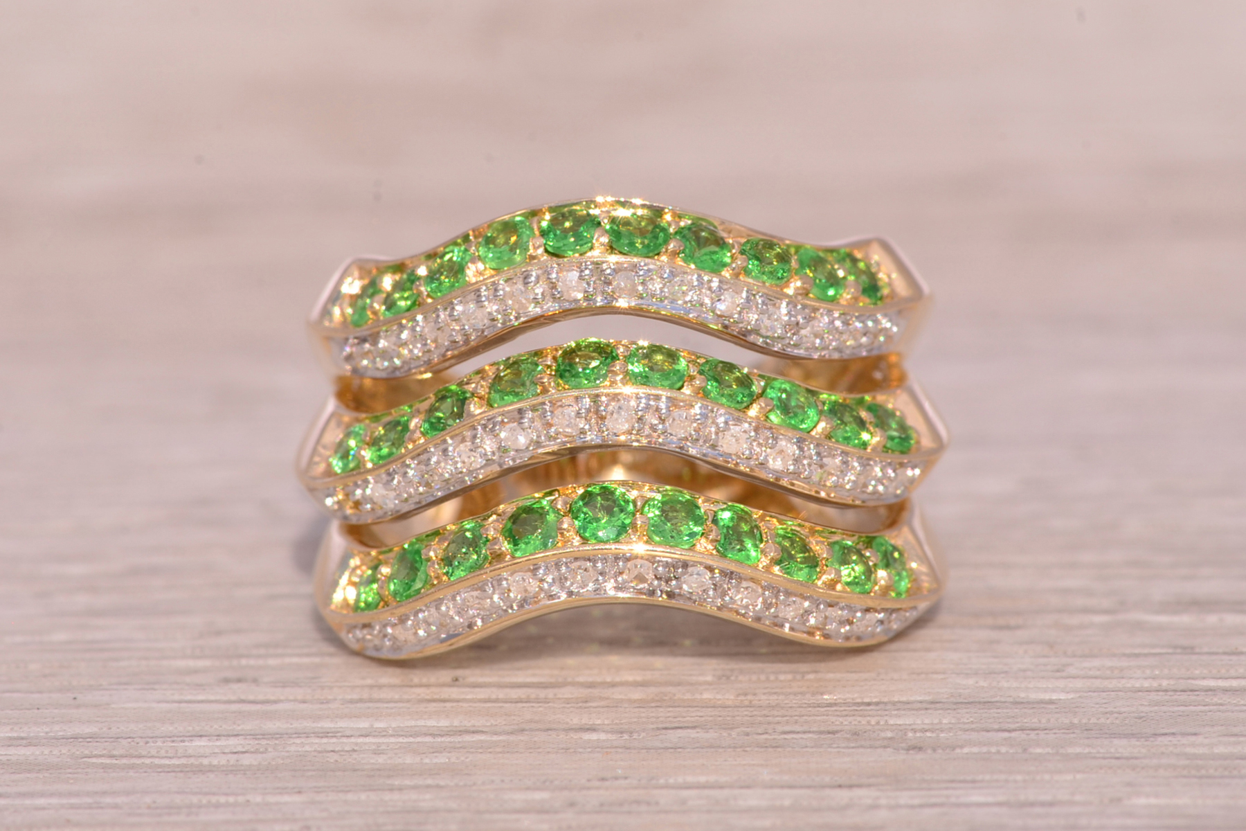 The Green Waves: Tsavorite Garnet and Diamond Ring in 14 Karat Yellow Gold - Image 2