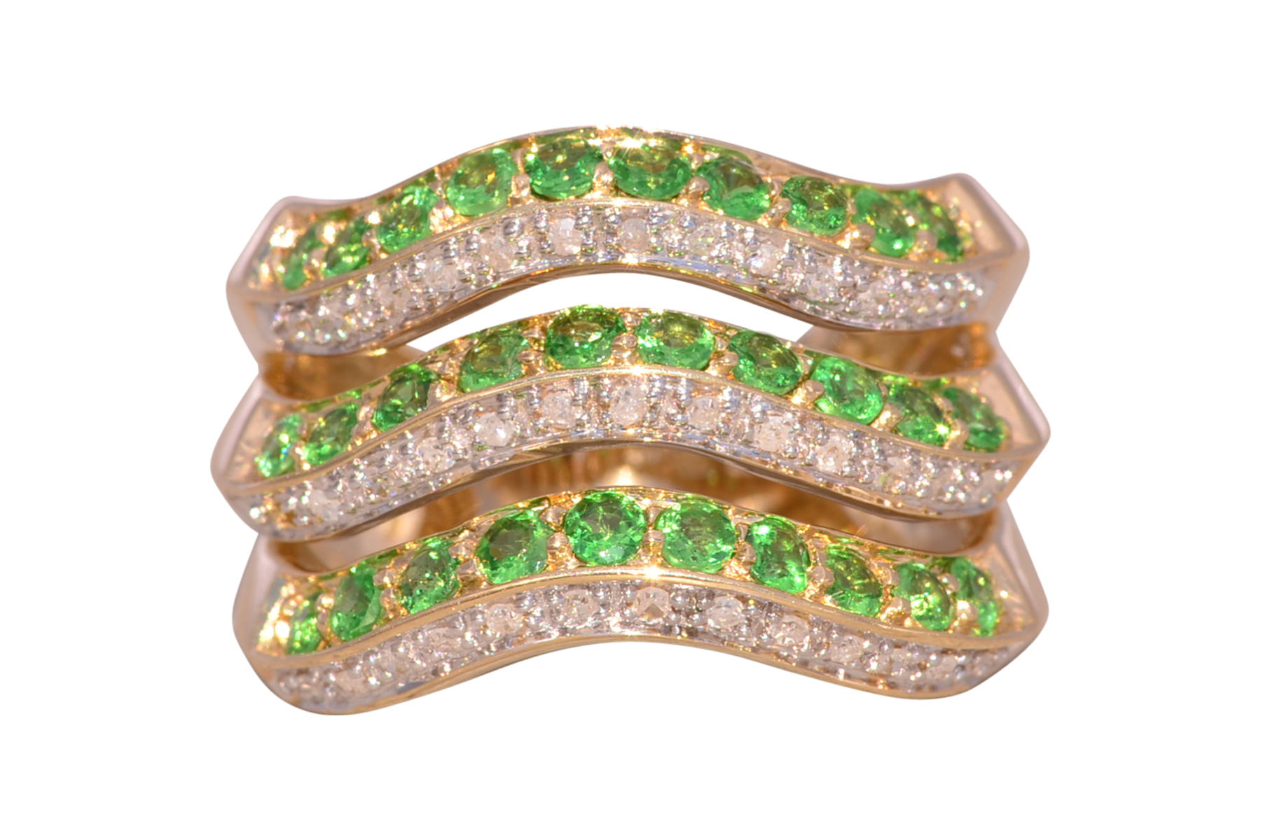 The Green Waves: Tsavorite Garnet and Diamond Ring in 14 Karat Yellow Gold