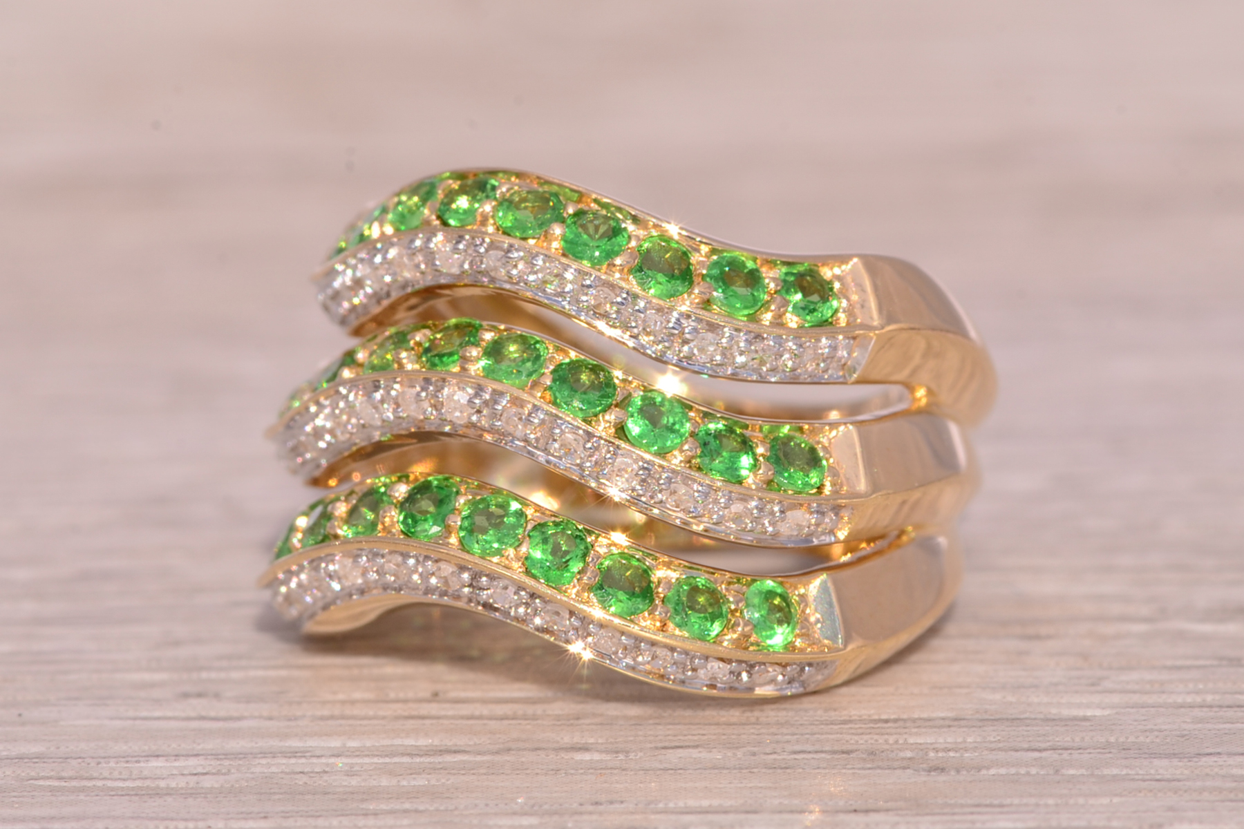 The Green Waves: Tsavorite Garnet and Diamond Ring in 14 Karat Yellow Gold - Image 3