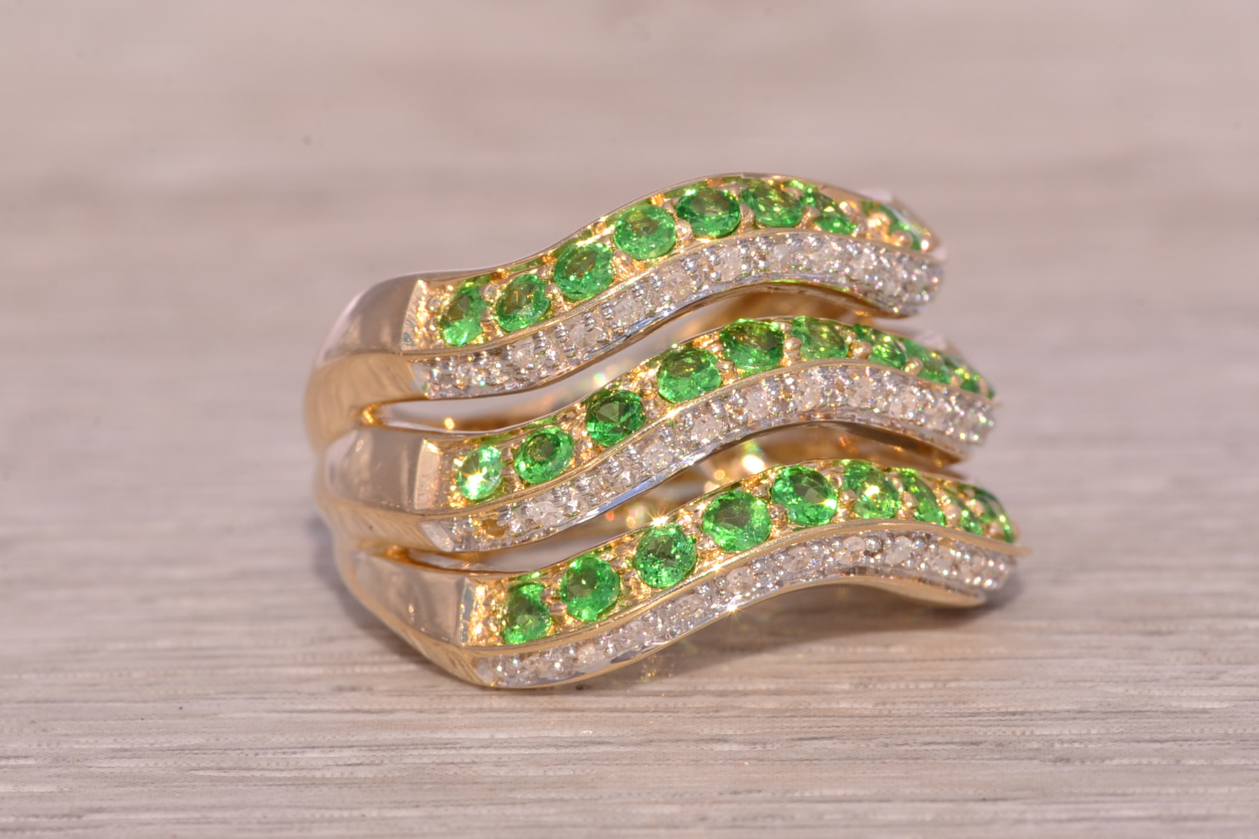 The Green Waves: Tsavorite Garnet and Diamond Ring in 14 Karat Yellow Gold - Image 6