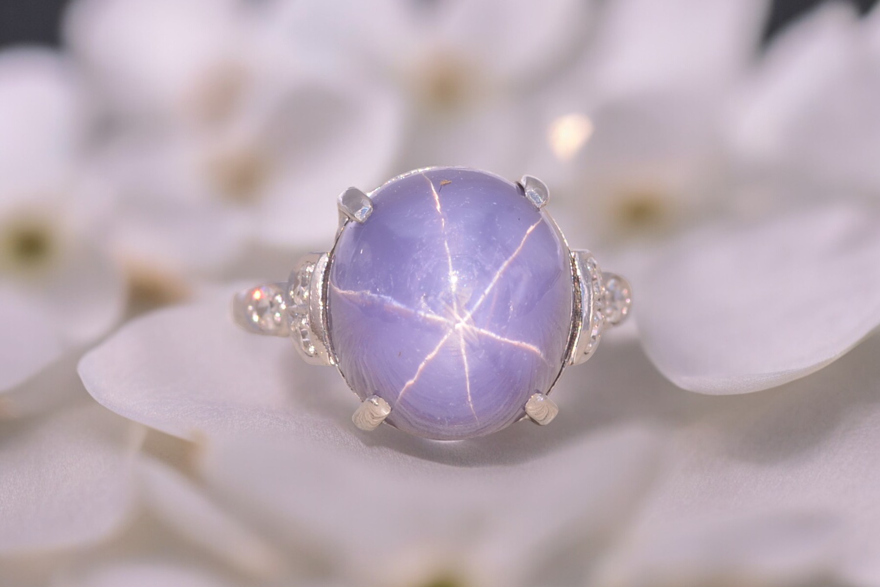 SOLD - The Starry Lavender: Art Deco Star Sapphire and Diamond Ring in Platinum - Image 11