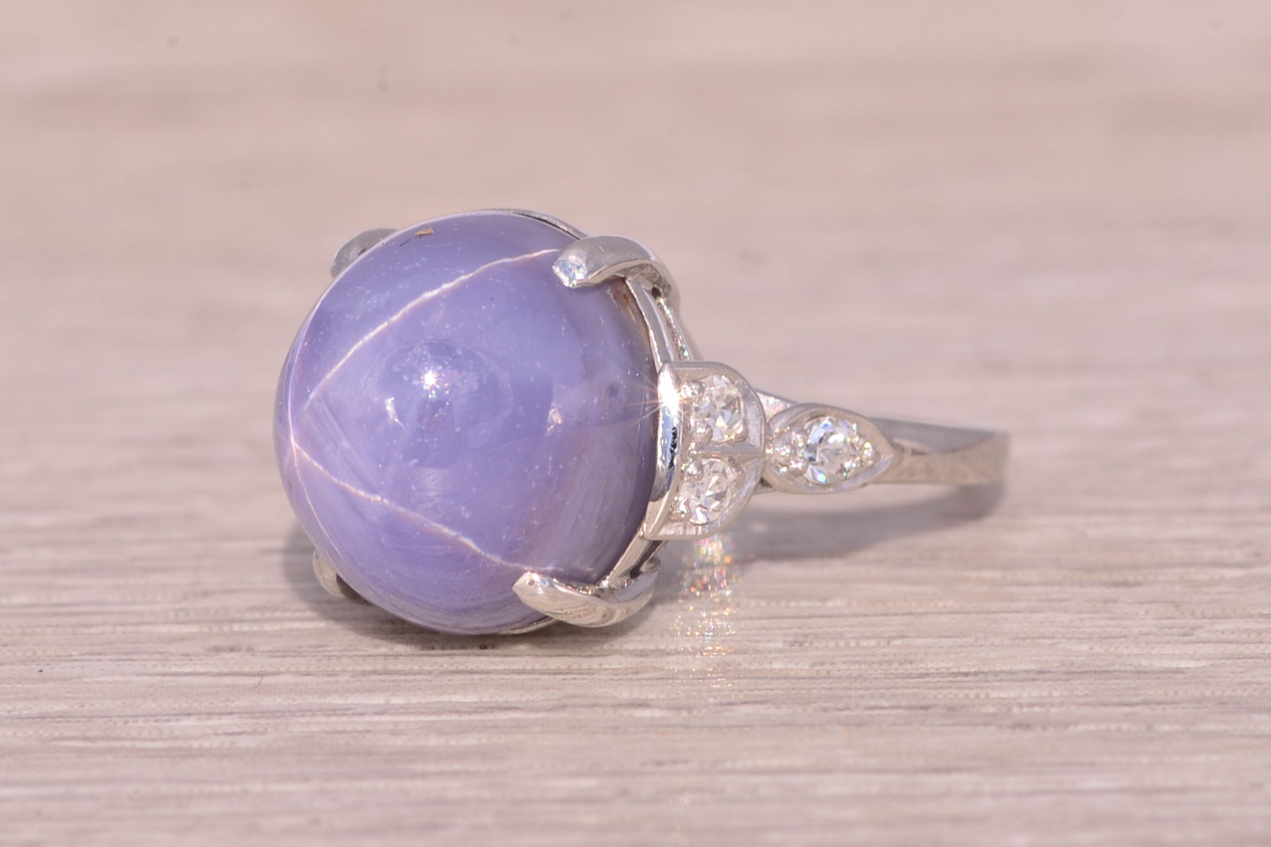 SOLD - The Starry Lavender: Art Deco Star Sapphire and Diamond Ring in Platinum - Image 3