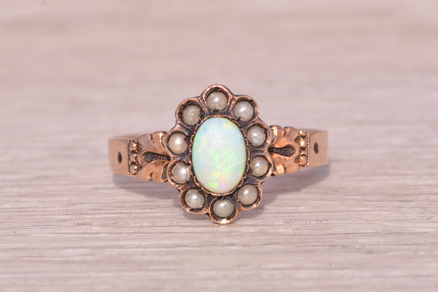 The Opulent Heirloom: Australian Opal and Seed Pearl Ring in Rose Gold - Image 2