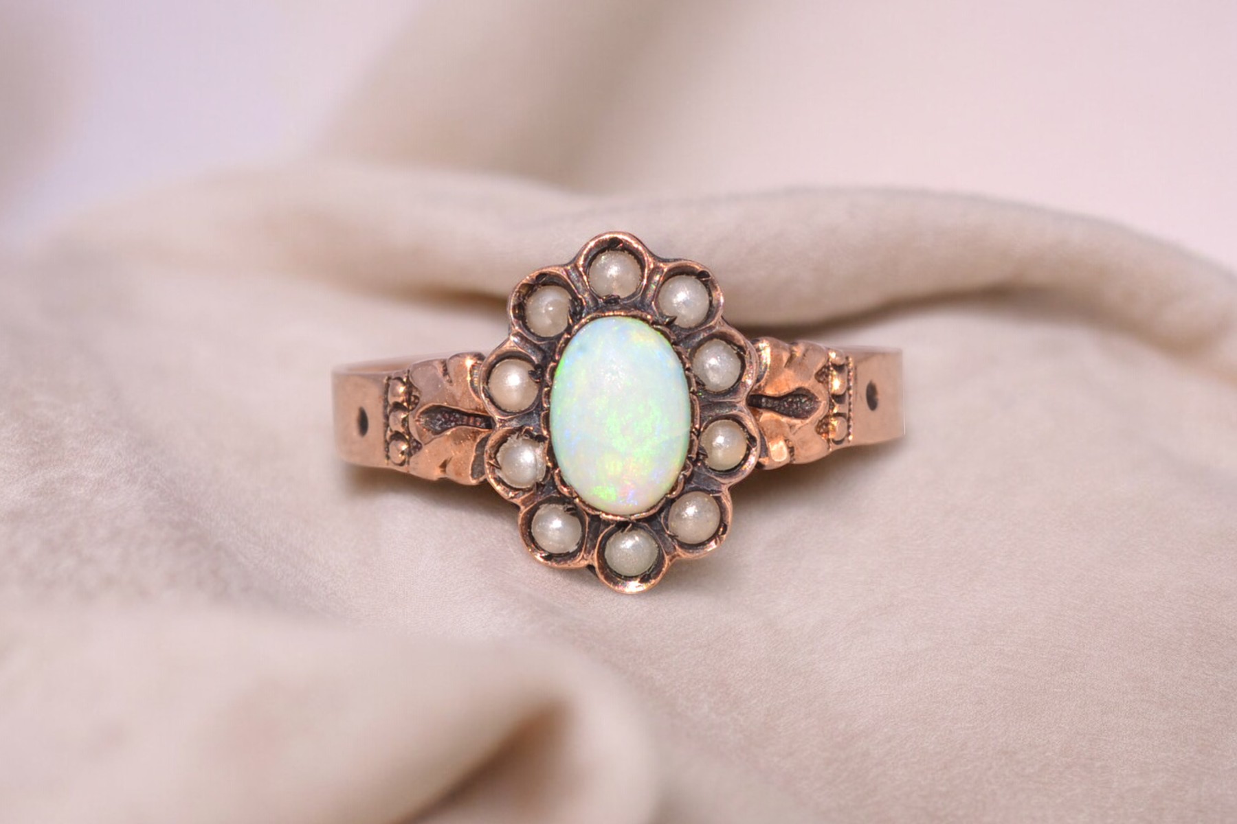 The Opulent Heirloom: Australian Opal and Seed Pearl Ring in Rose Gold - Image 11