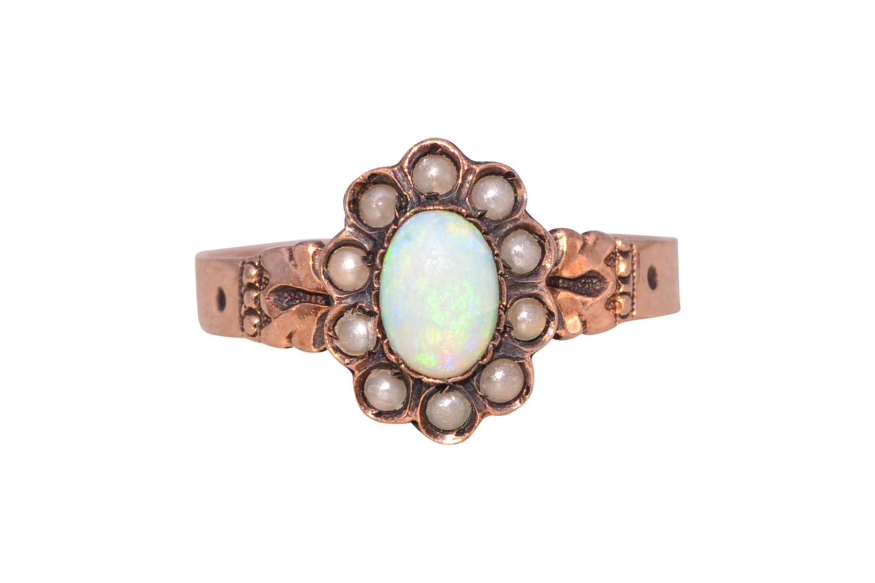The Opulent Heirloom: Australian Opal and Seed Pearl Ring in Rose Gold