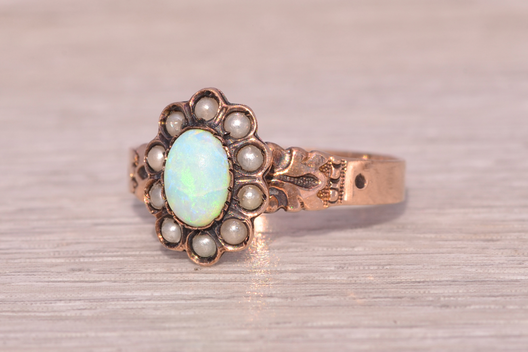 The Opulent Heirloom: Australian Opal and Seed Pearl Ring in Rose Gold - Image 3