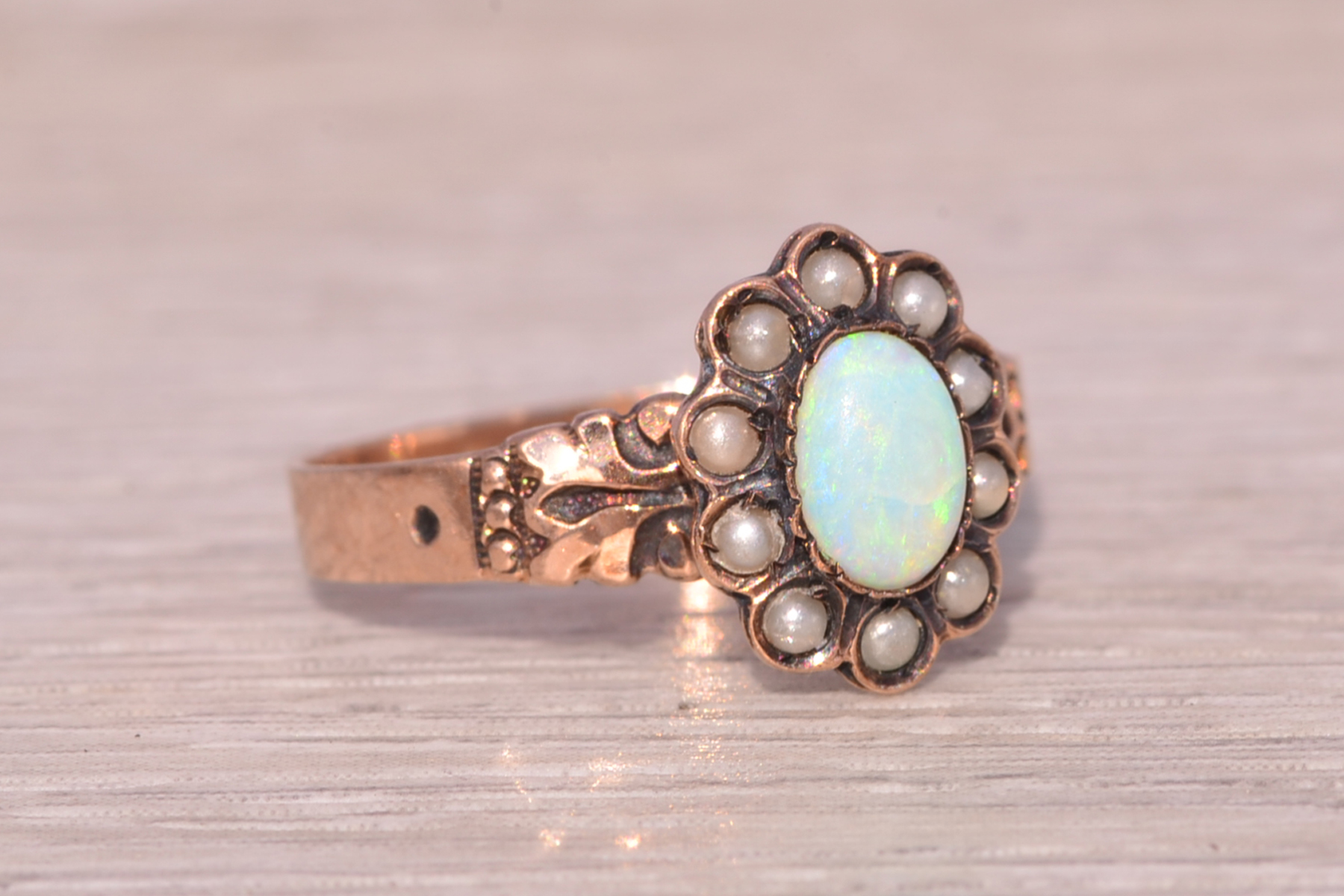 The Opulent Heirloom: Australian Opal and Seed Pearl Ring in Rose Gold - Image 6