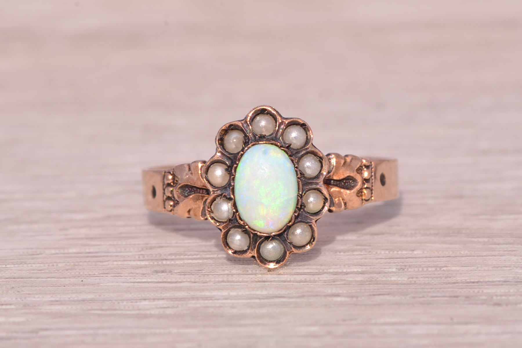 The Opulent Heirloom: Australian Opal and Seed Pearl Ring in Rose Gold - Image 7