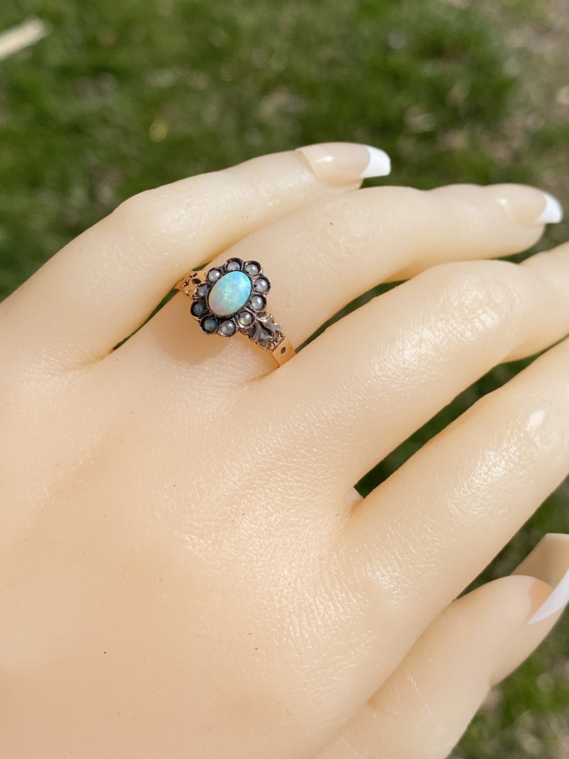 The Opulent Heirloom: Australian Opal and Seed Pearl Ring in Rose Gold - Image 9