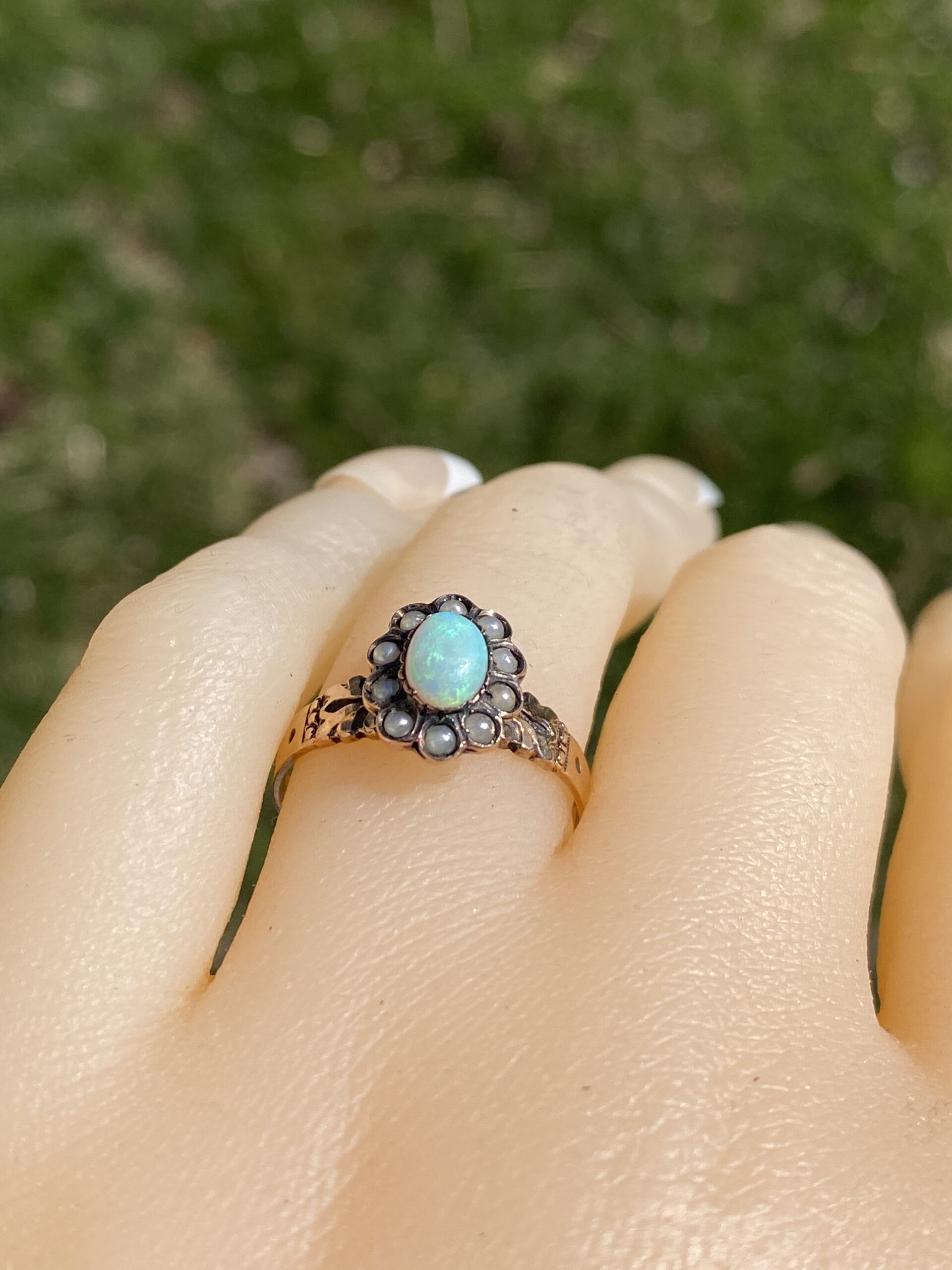 The Opulent Heirloom: Australian Opal and Seed Pearl Ring in Rose Gold - Image 10