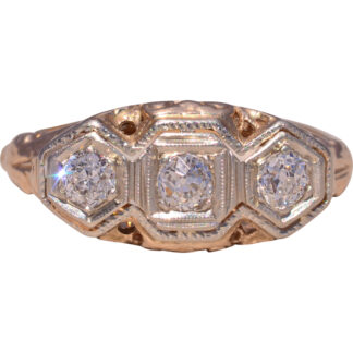 The Deco Trio: Old Mine Cut Natural Diamond Ring in Yellow Gold