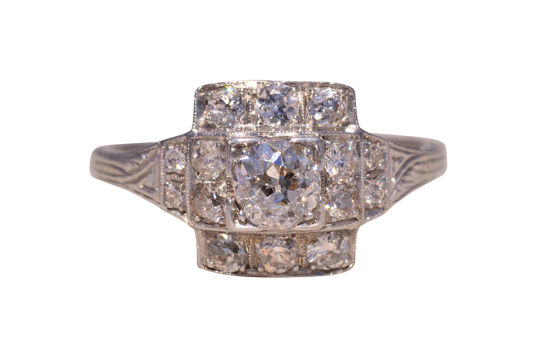 SOLD - The Deco Tier: Old Mine Cut Natural Diamond Ring in White Gold