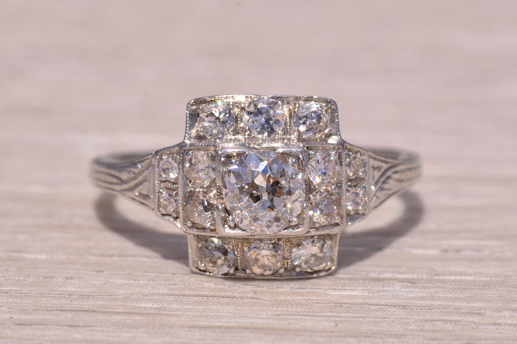 SOLD - The Deco Tier: Old Mine Cut Natural Diamond Ring in White Gold - Image 2