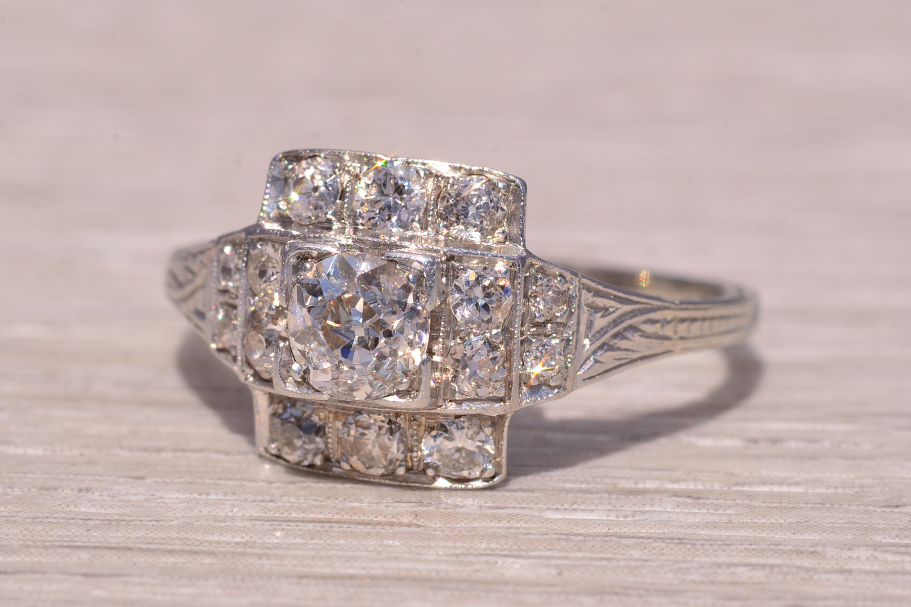 SOLD - The Deco Tier: Old Mine Cut Natural Diamond Ring in White Gold - Image 3