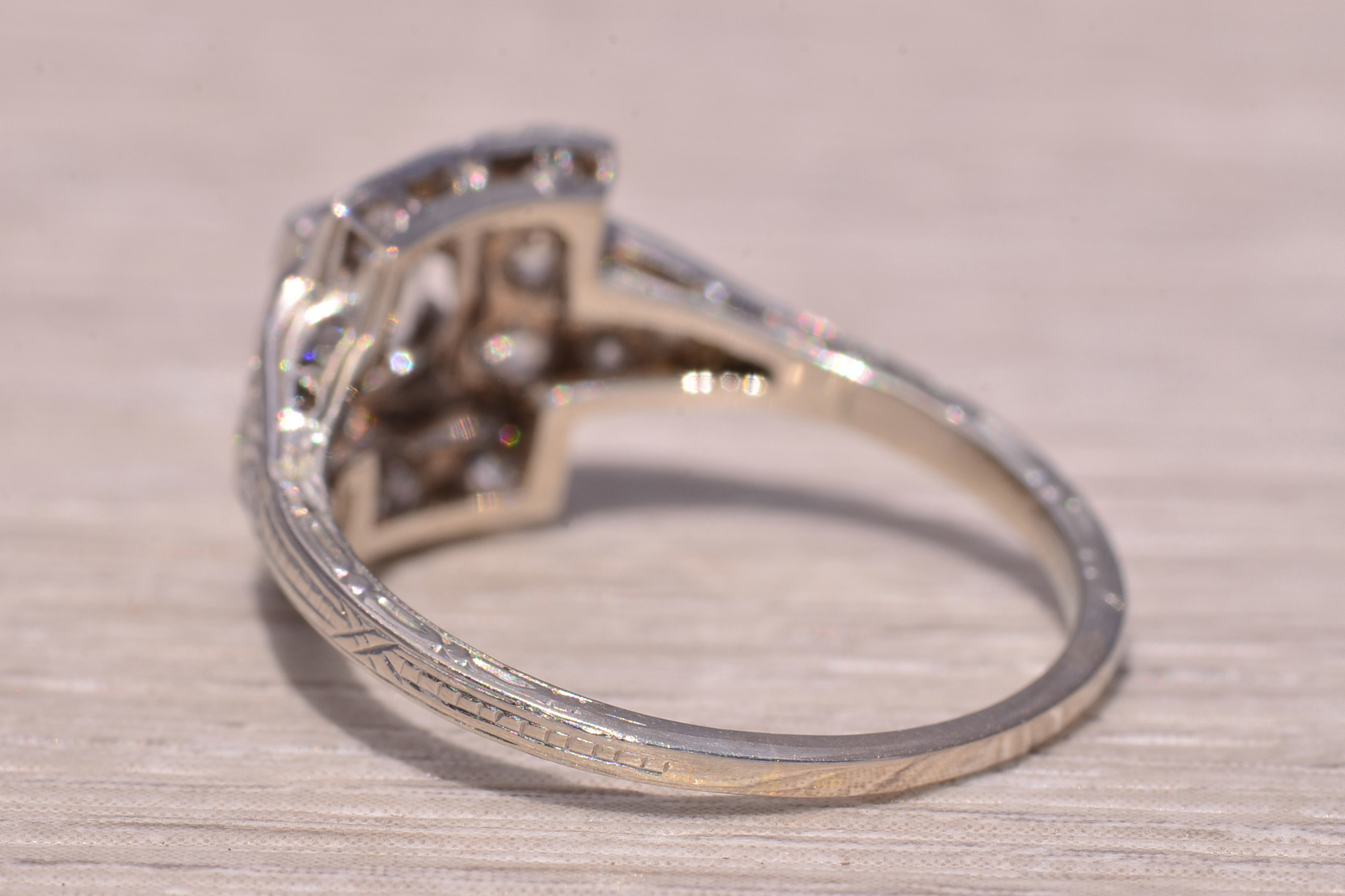 SOLD - The Deco Tier: Old Mine Cut Natural Diamond Ring in White Gold - Image 4