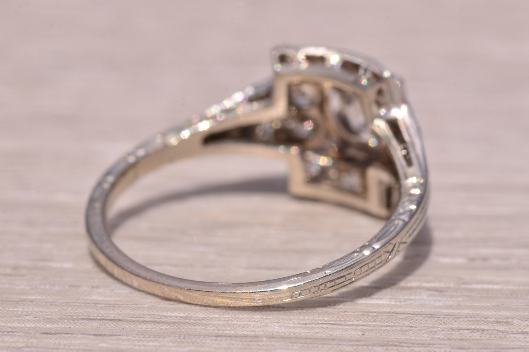 SOLD - The Deco Tier: Old Mine Cut Natural Diamond Ring in White Gold - Image 5