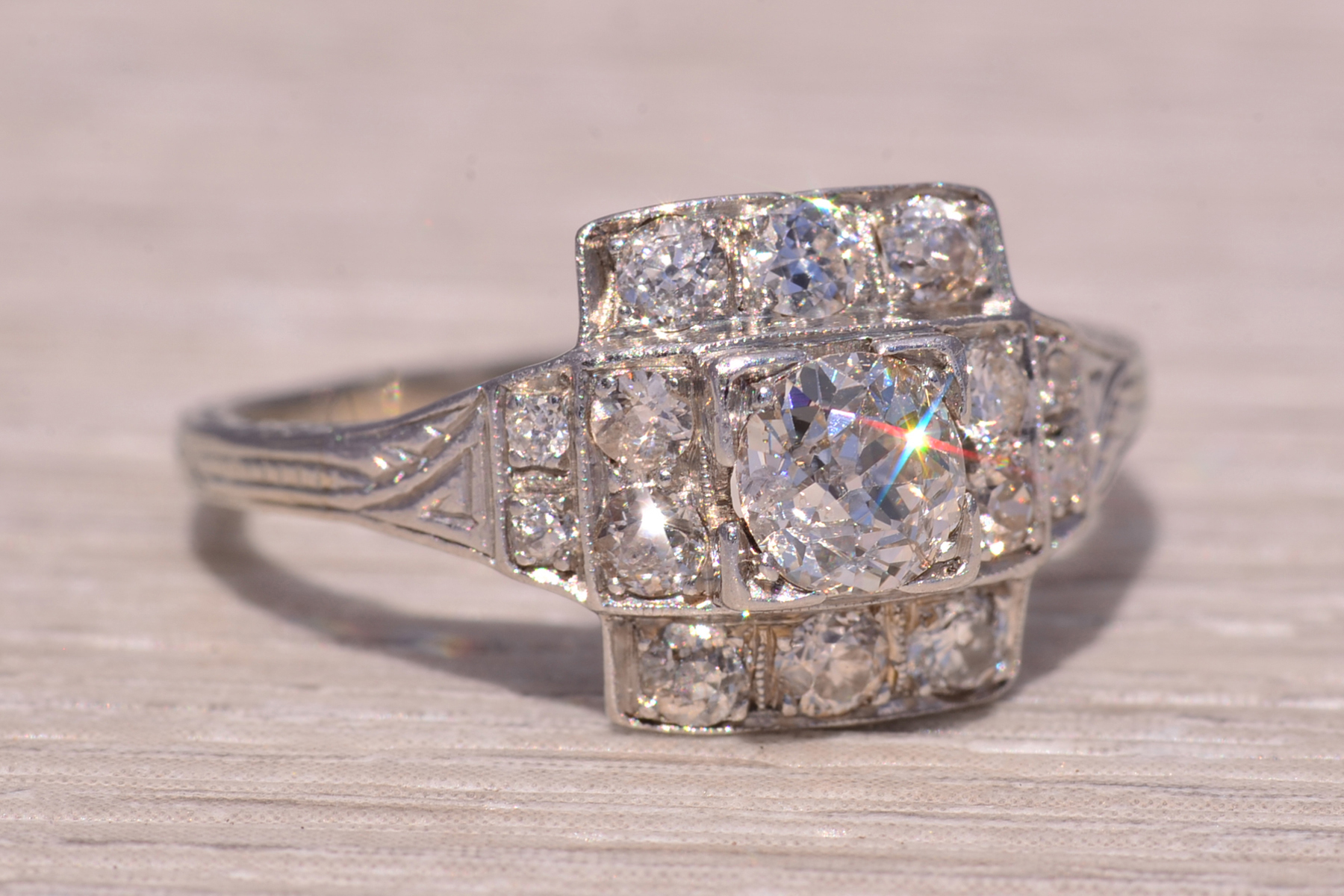 SOLD - The Deco Tier: Old Mine Cut Natural Diamond Ring in White Gold - Image 6