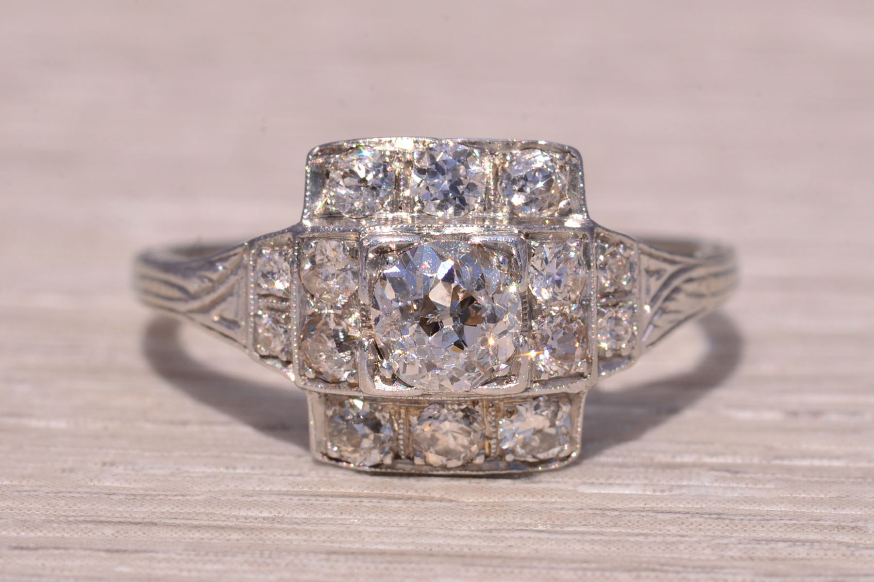 SOLD - The Deco Tier: Old Mine Cut Natural Diamond Ring in White Gold - Image 7
