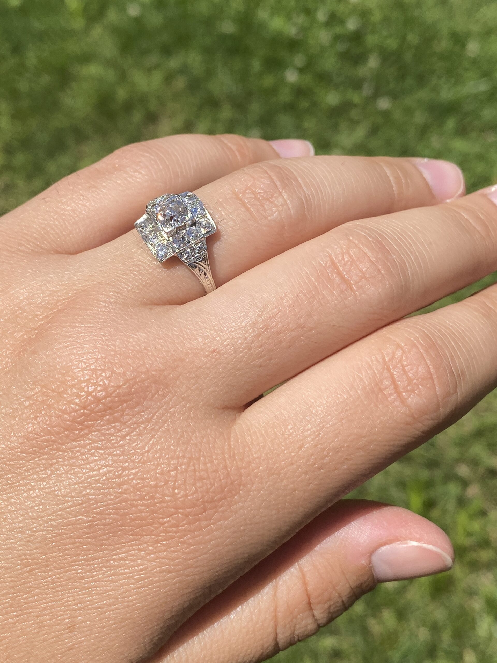 SOLD - The Deco Tier: Old Mine Cut Natural Diamond Ring in White Gold - Image 9