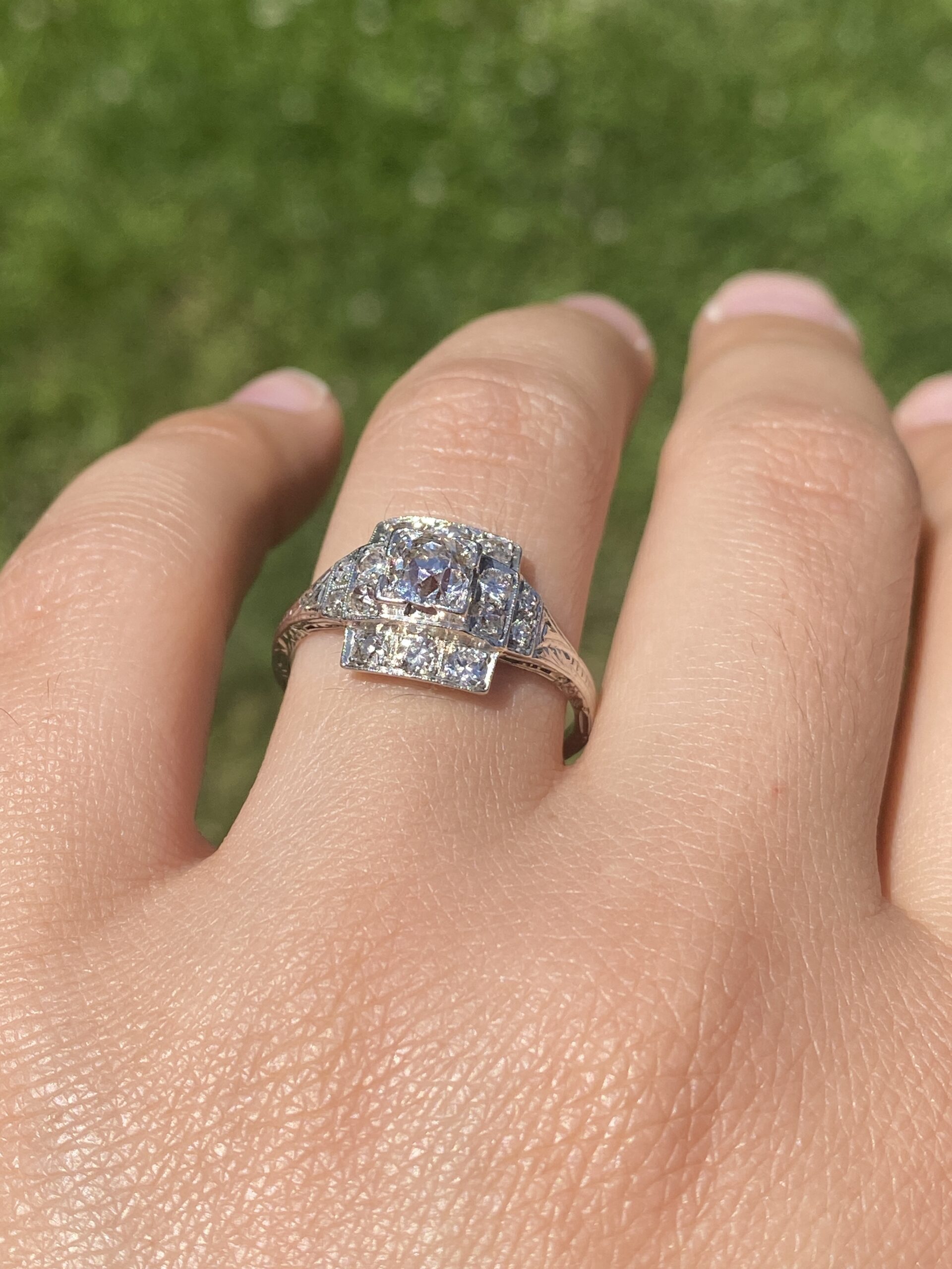 SOLD - The Deco Tier: Old Mine Cut Natural Diamond Ring in White Gold - Image 10