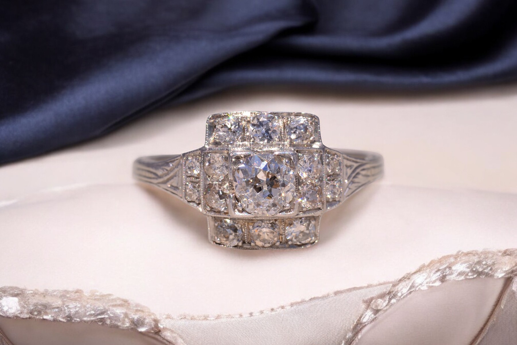 SOLD - The Deco Tier: Old Mine Cut Natural Diamond Ring in White Gold - Image 11