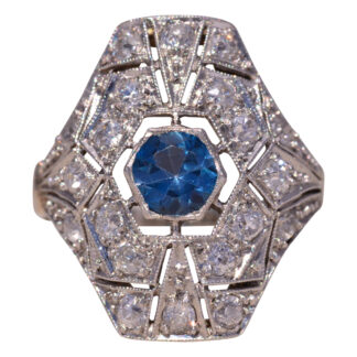 SOLD - The Deco Halo: Blue Topaz and Natural Diamond Ring in White Gold