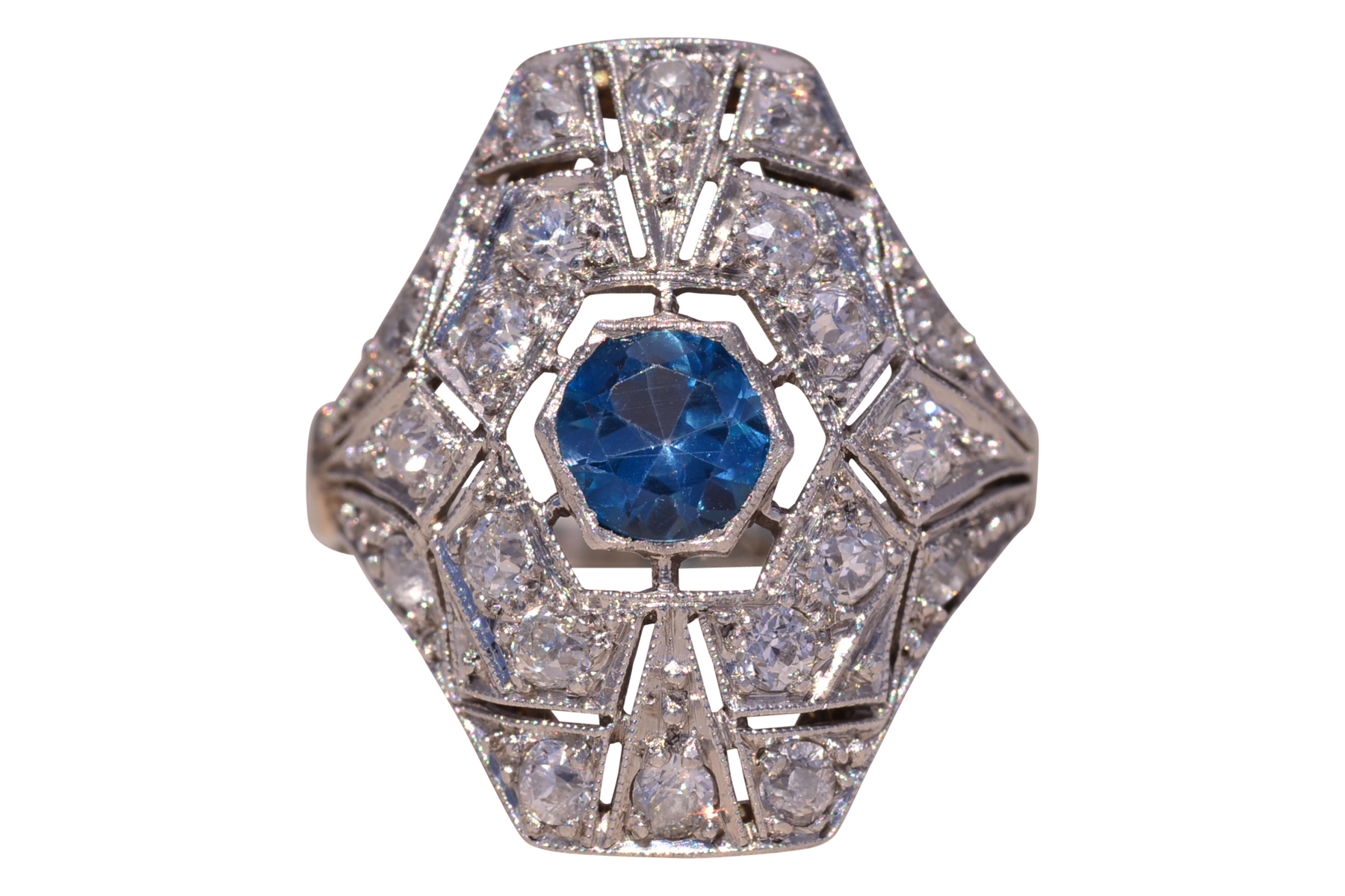SOLD - The Deco Halo: Blue Topaz and Natural Diamond Ring in White Gold