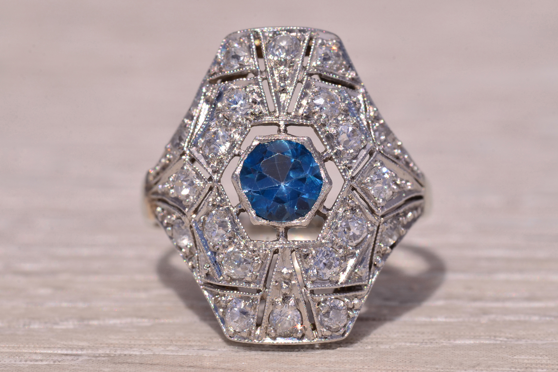 SOLD - The Deco Halo: Blue Topaz and Natural Diamond Ring in White Gold - Image 2