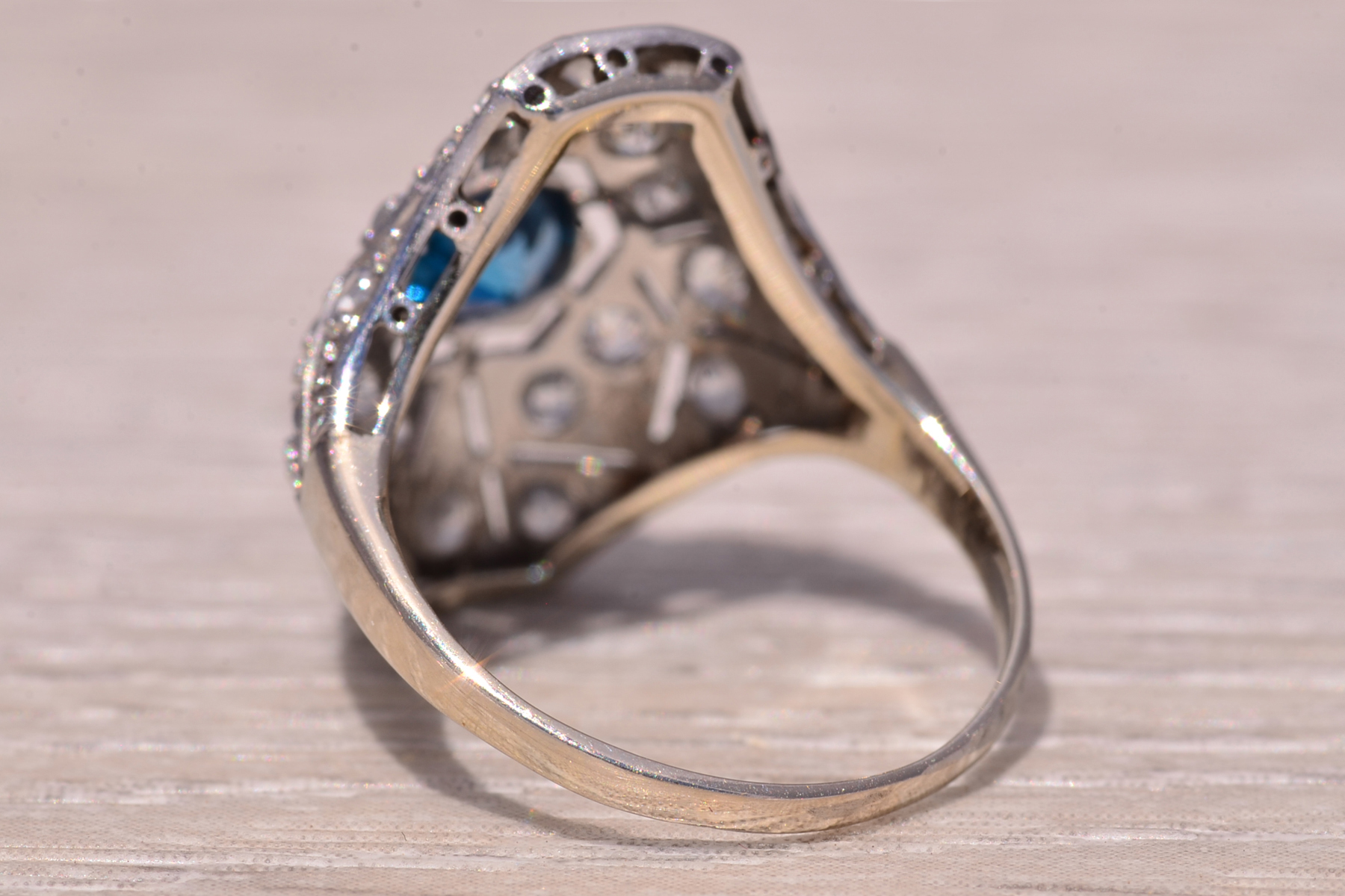 SOLD - The Deco Halo: Blue Topaz and Natural Diamond Ring in White Gold - Image 4