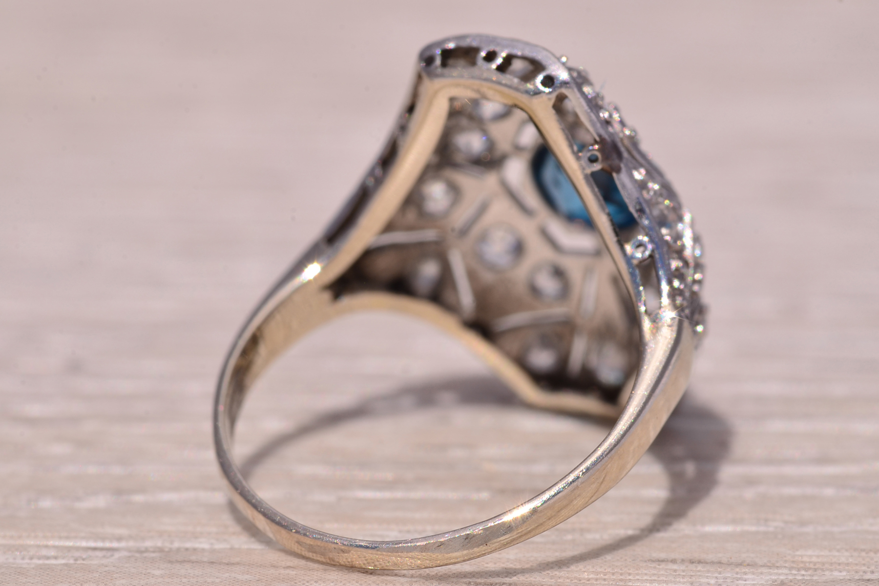 SOLD - The Deco Halo: Blue Topaz and Natural Diamond Ring in White Gold - Image 5