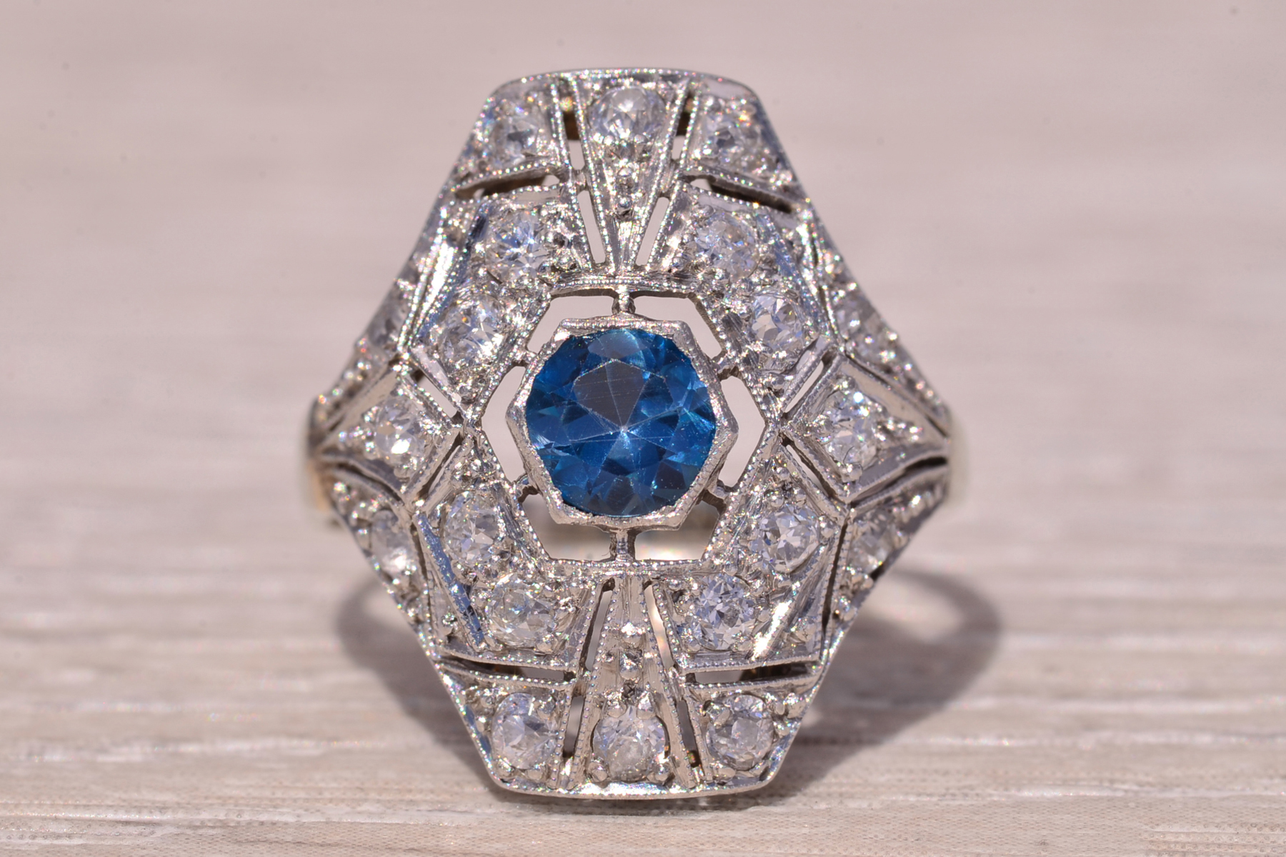 SOLD - The Deco Halo: Blue Topaz and Natural Diamond Ring in White Gold - Image 6