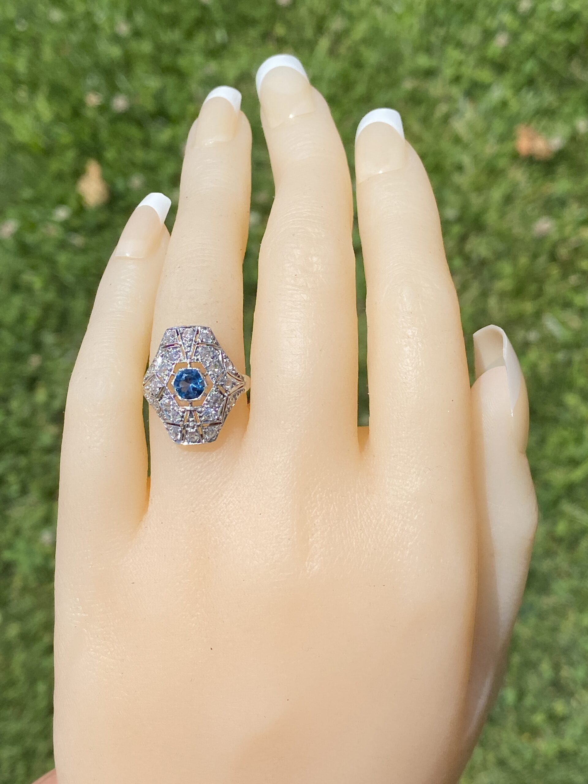 SOLD - The Deco Halo: Blue Topaz and Natural Diamond Ring in White Gold - Image 8