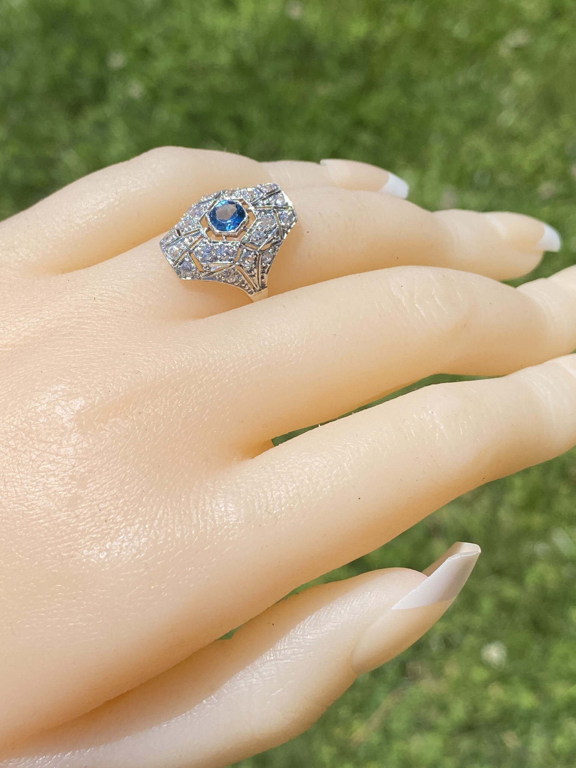 SOLD - The Deco Halo: Blue Topaz and Natural Diamond Ring in White Gold - Image 9