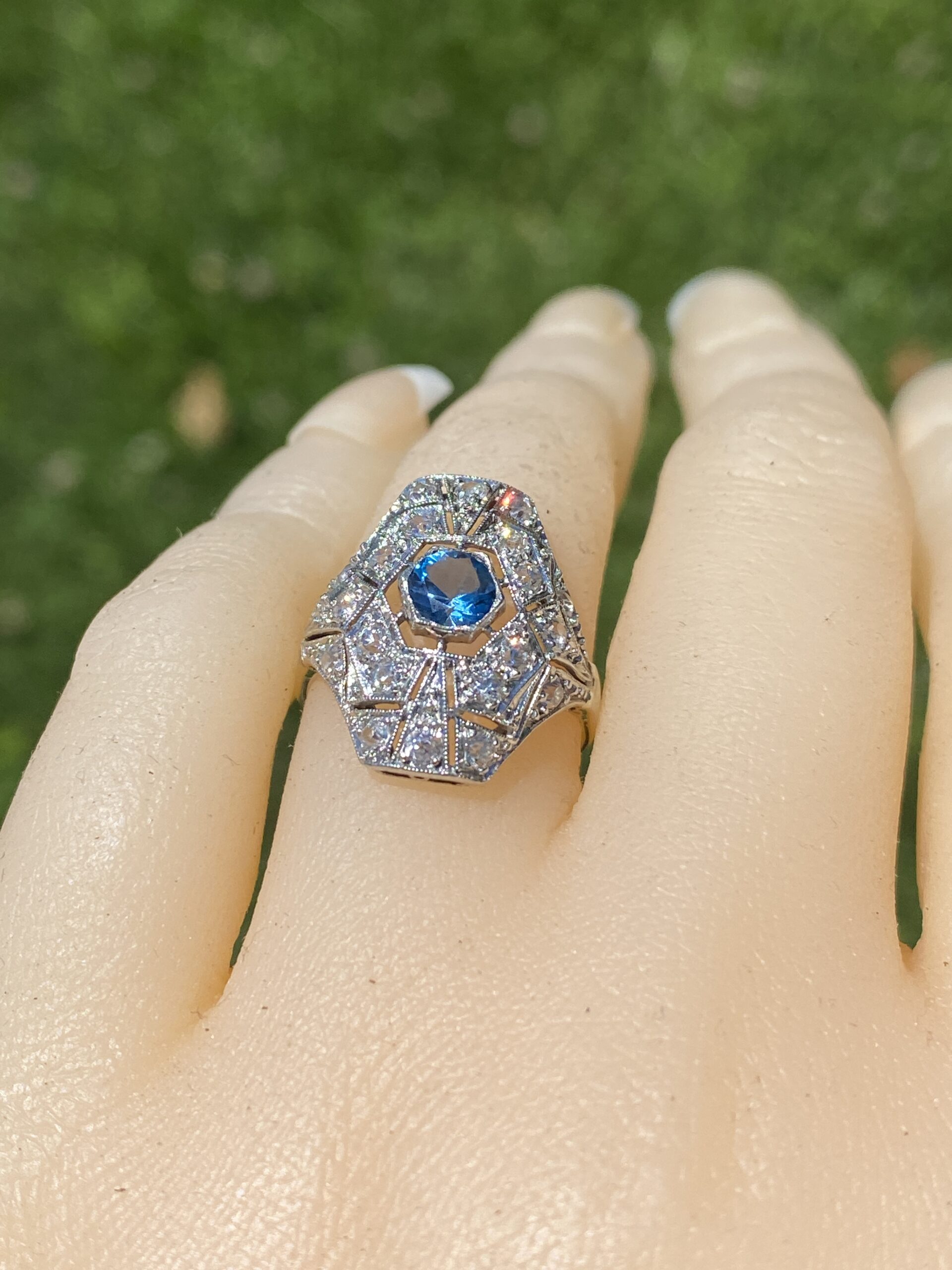 SOLD - The Deco Halo: Blue Topaz and Natural Diamond Ring in White Gold - Image 7