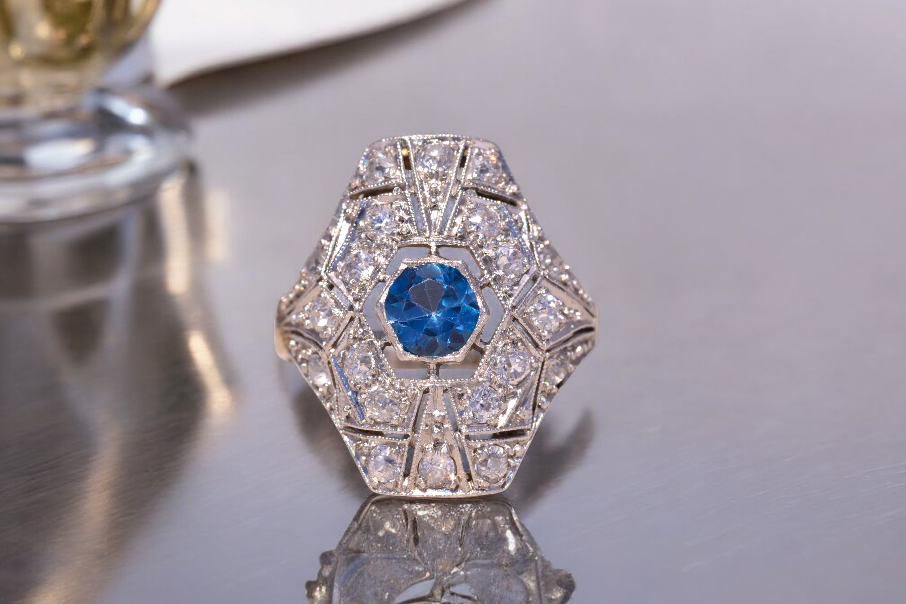 SOLD - The Deco Halo: Blue Topaz and Natural Diamond Ring in White Gold - Image 10