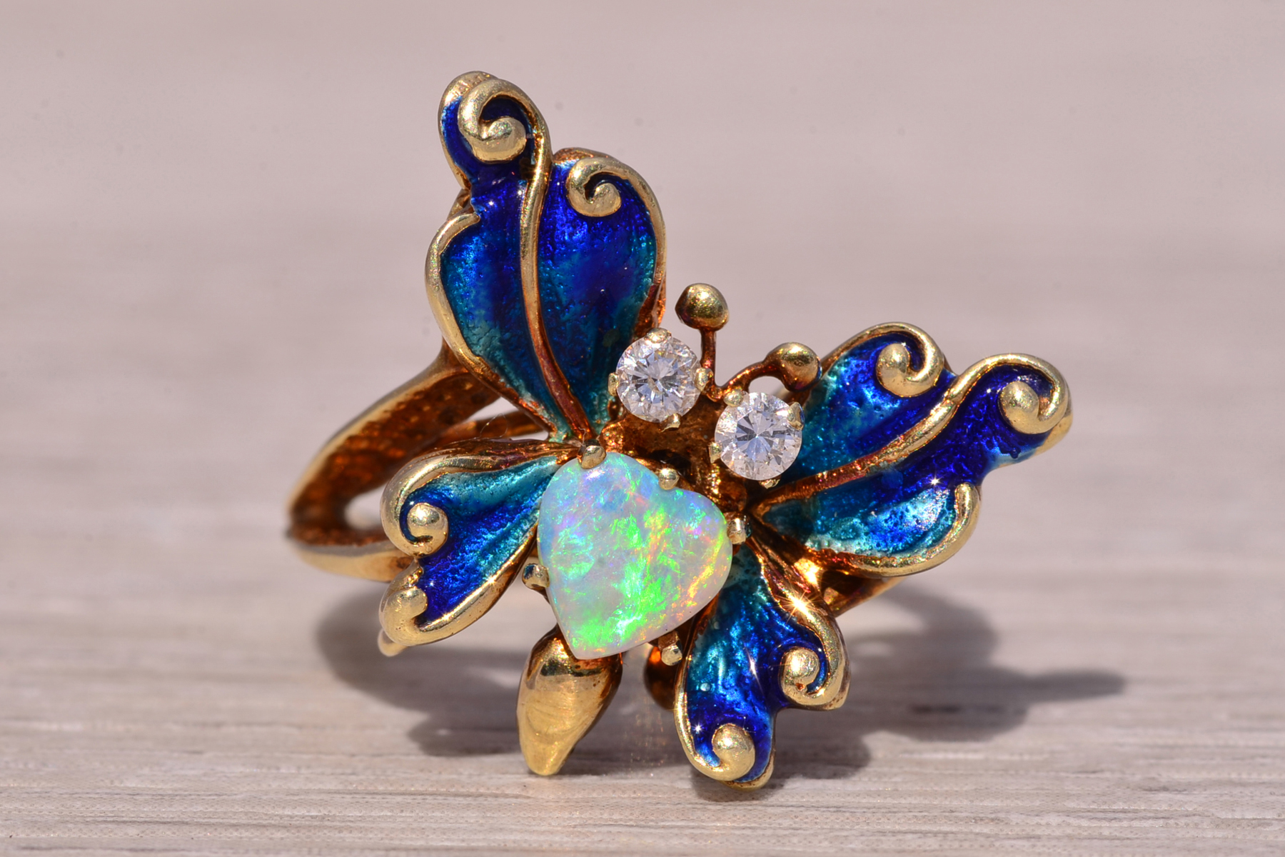 The Butterfly Bloom: Australian Opal and Natural Diamond Ring in Yellow Gold - Image 2