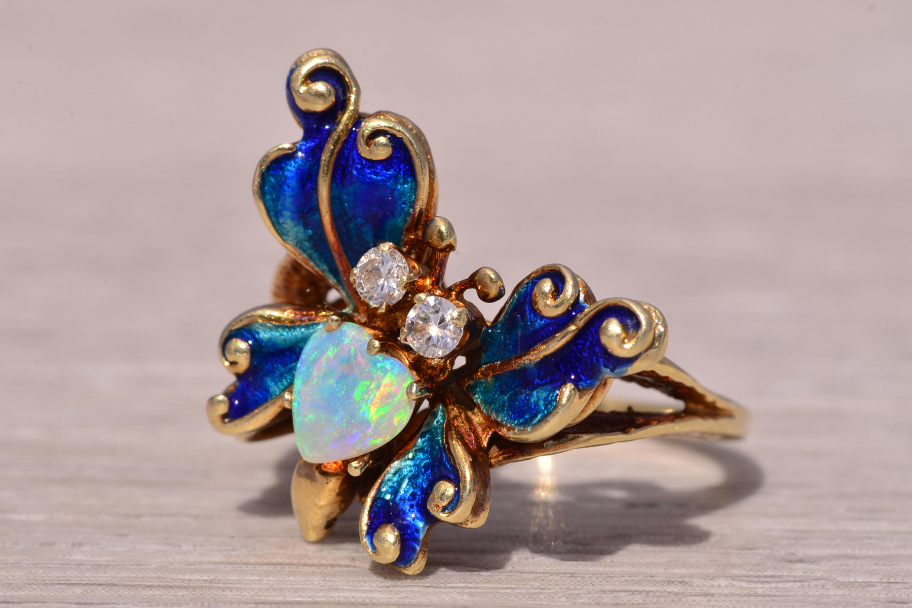 The Butterfly Bloom: Australian Opal and Natural Diamond Ring in Yellow Gold - Image 3