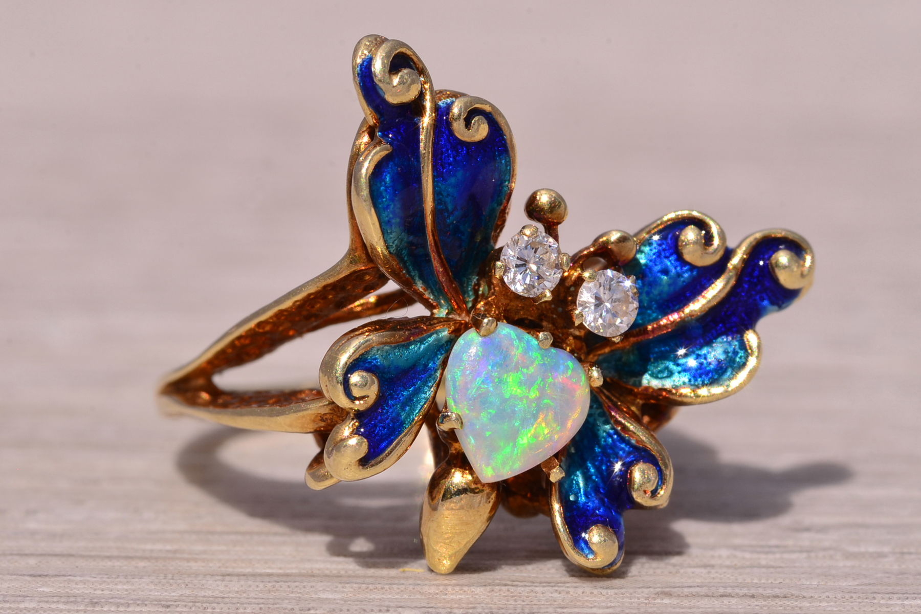 The Butterfly Bloom: Australian Opal and Natural Diamond Ring in Yellow Gold - Image 6