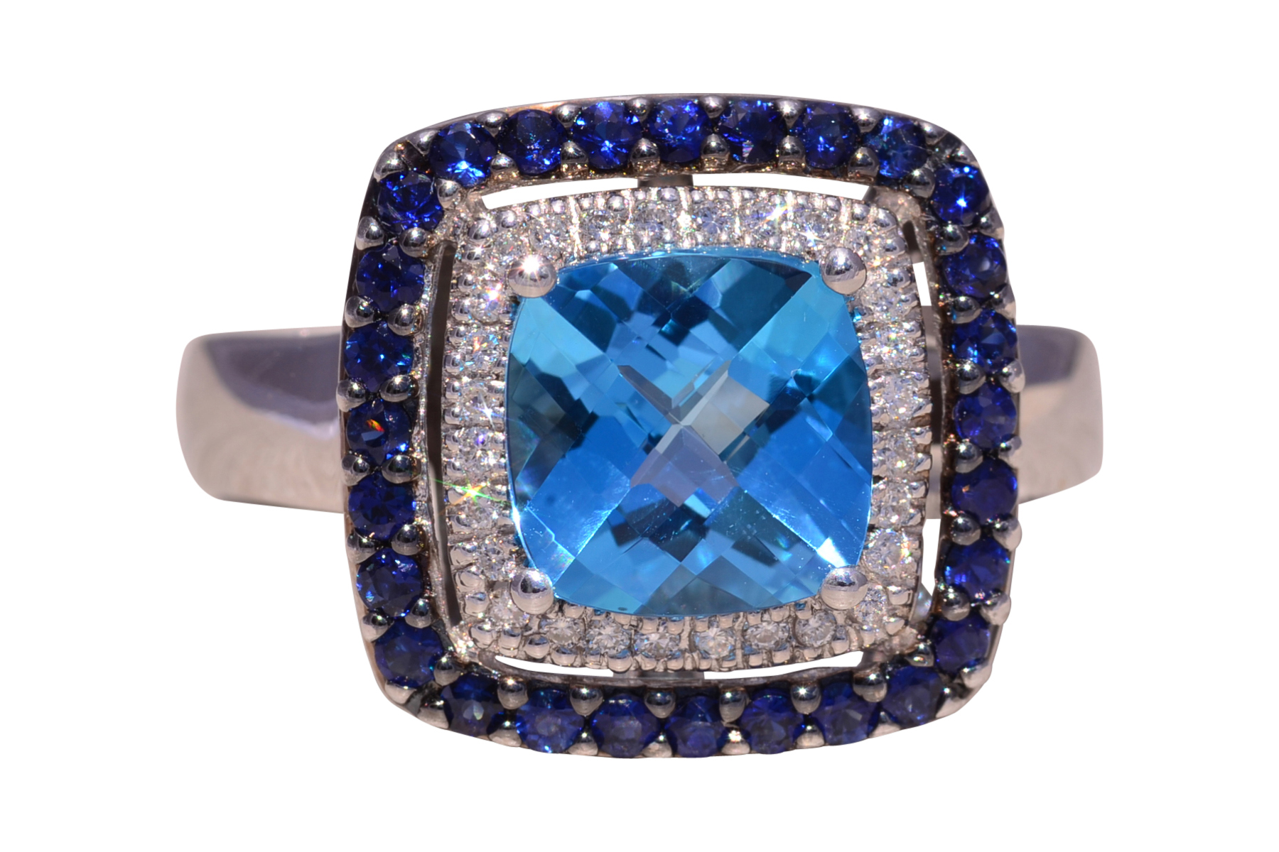 The Ocean Radiance: Blue Topaz, Natural Diamond, and Sapphire Ring in White Gold