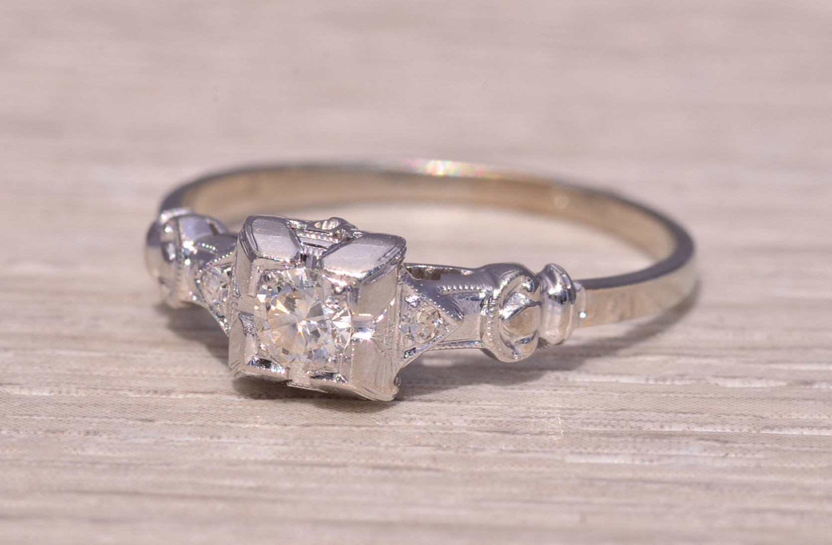 The Deco Petal: Art Deco Era Natural Diamond Ring in White Gold - Image 3