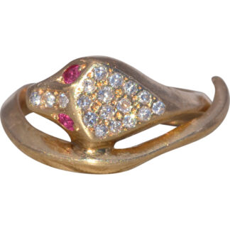 The Serpent Whisper: Ruby-Eyed Natural Diamond Snake Ring in 14 Karat Yellow Gold