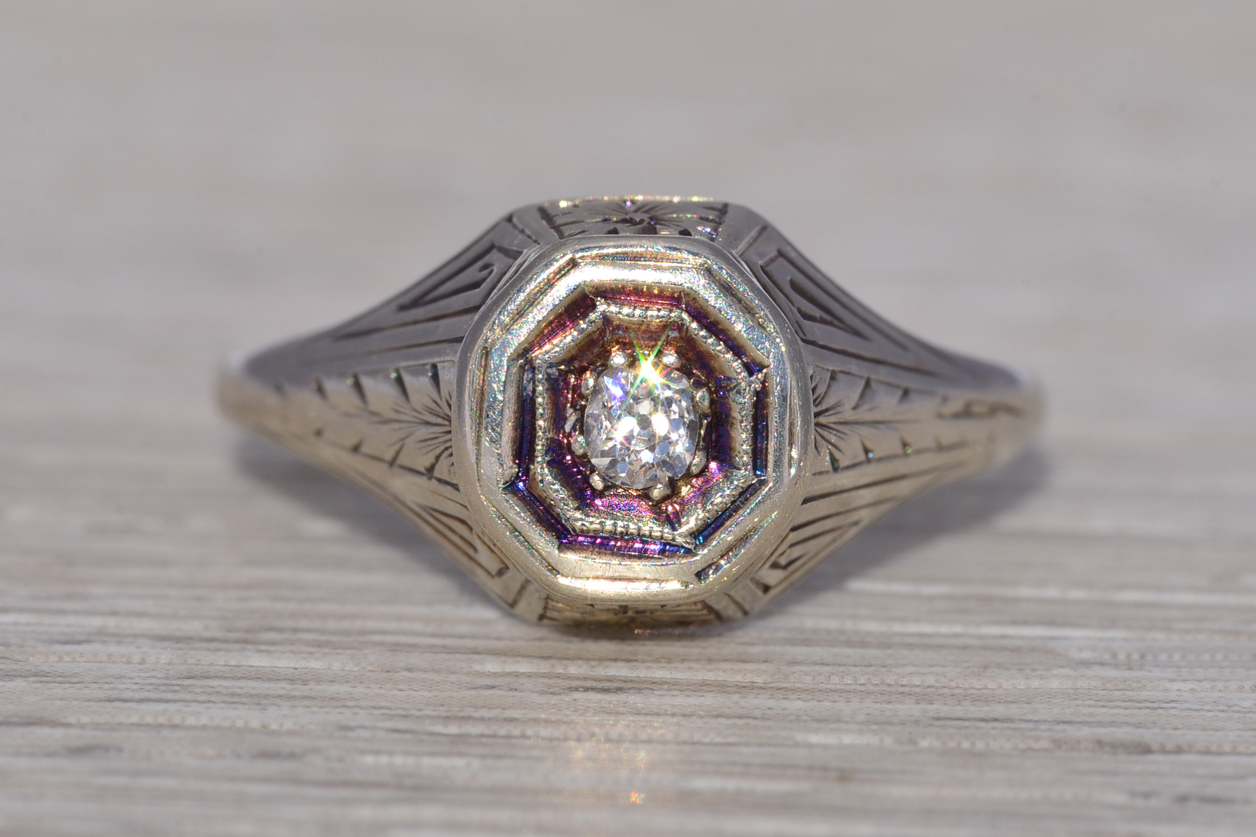 The Octagonal Whisper: Old Mine Cut Natural Diamond Ring in White Gold - Image 2