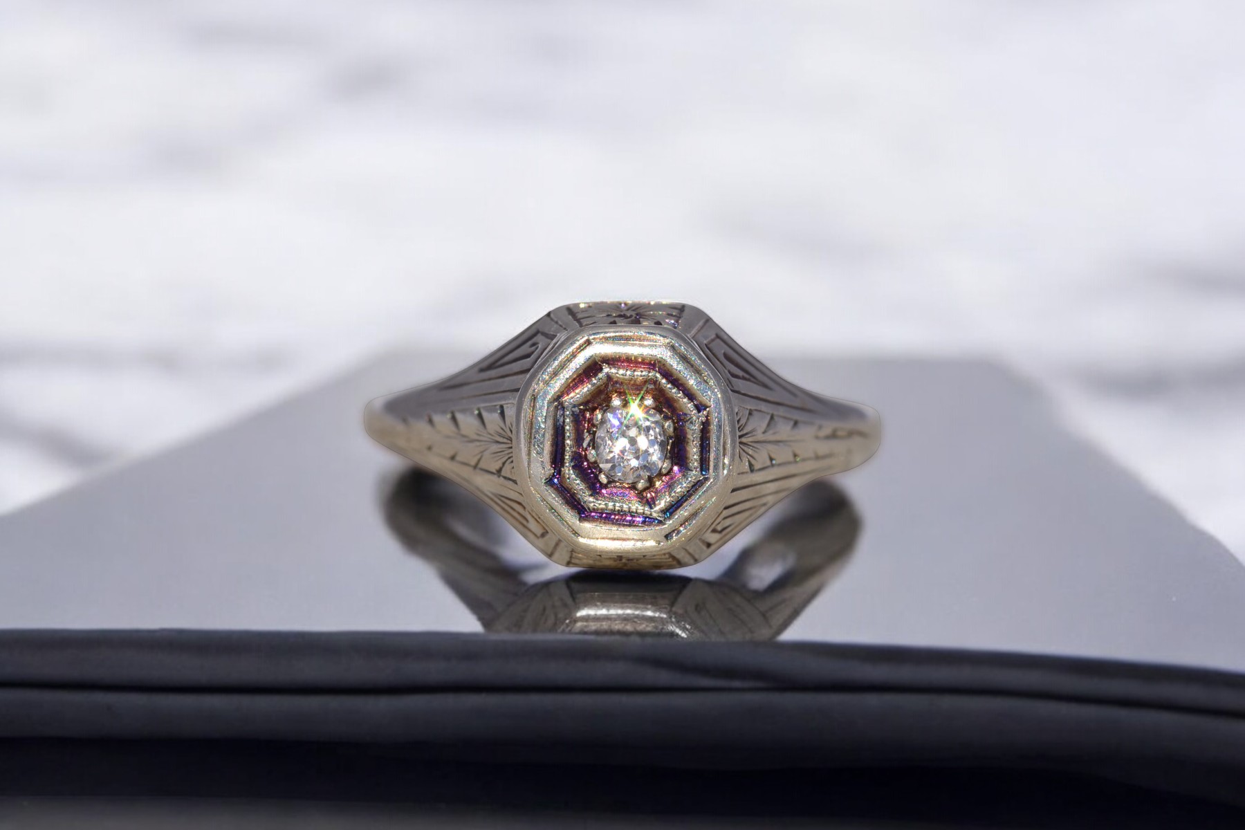 The Octagonal Whisper: Old Mine Cut Natural Diamond Ring in White Gold - Image 11