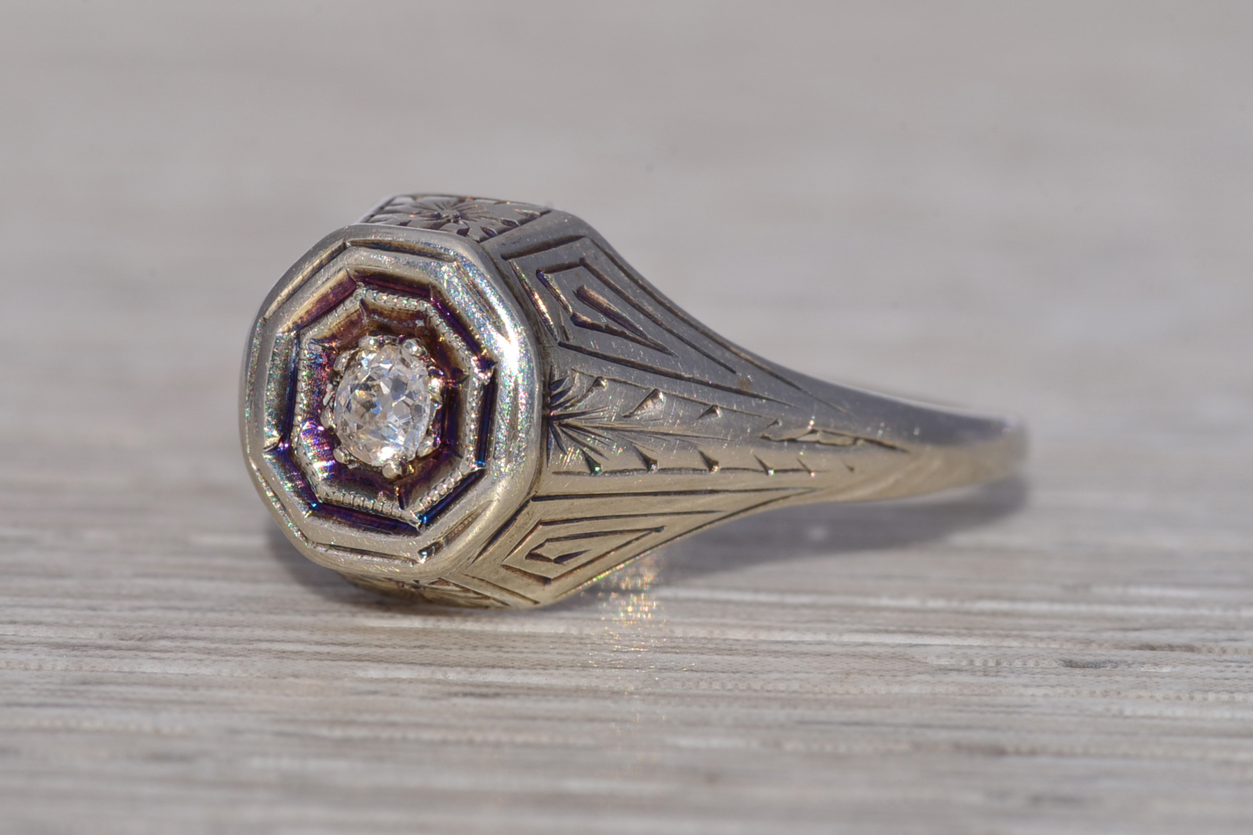 The Octagonal Whisper: Old Mine Cut Natural Diamond Ring in White Gold - Image 3