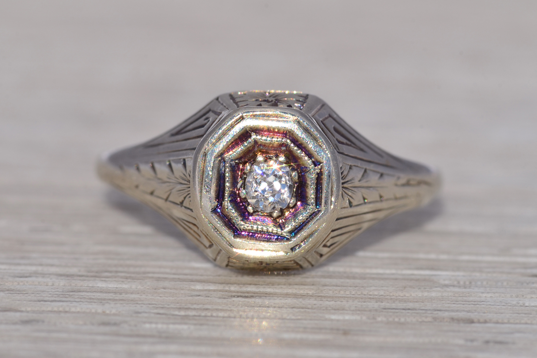 The Octagonal Whisper: Old Mine Cut Natural Diamond Ring in White Gold - Image 7