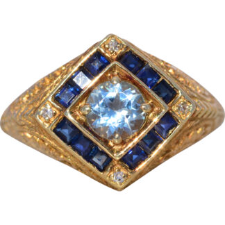 The Deco Revival: Aquamarine, Sapphire, and Natural Diamond Ring in Yellow Gold