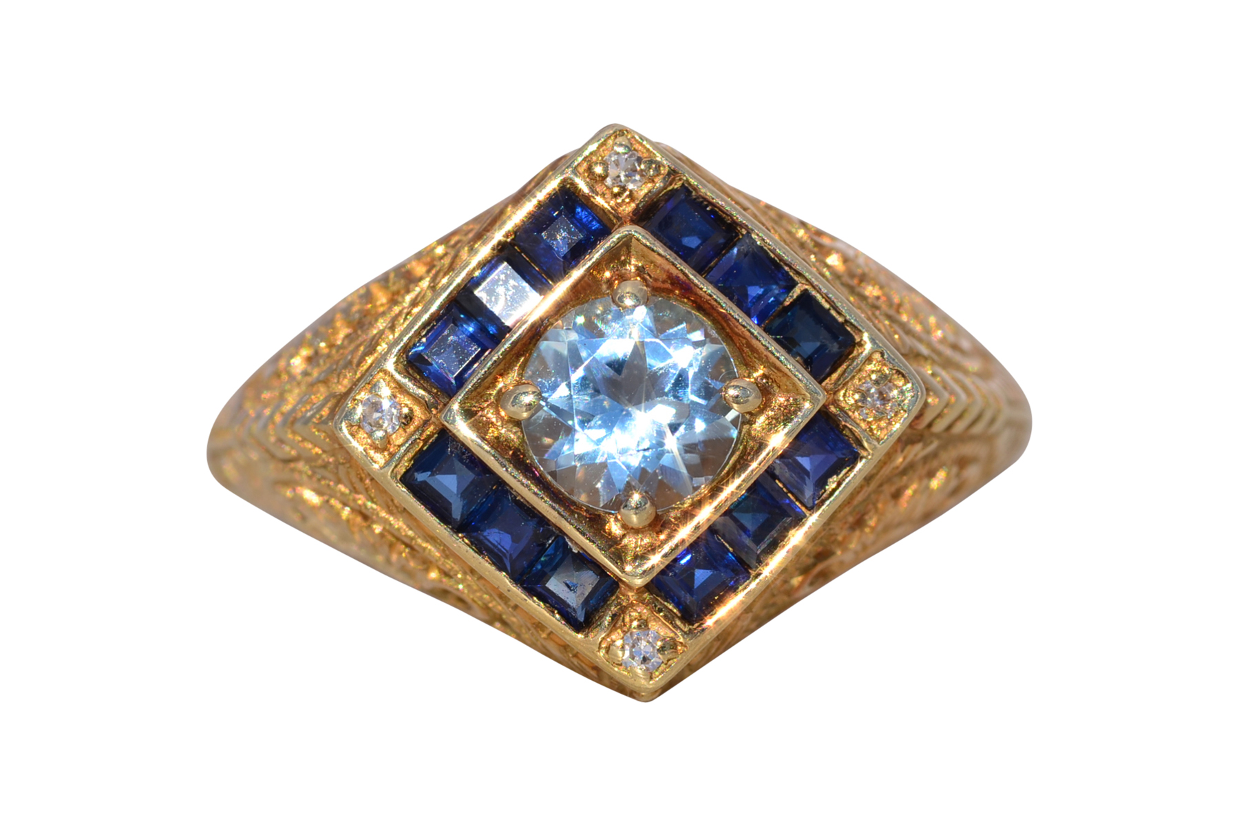 The Deco Revival: Aquamarine, Sapphire, and Natural Diamond Ring in Yellow Gold