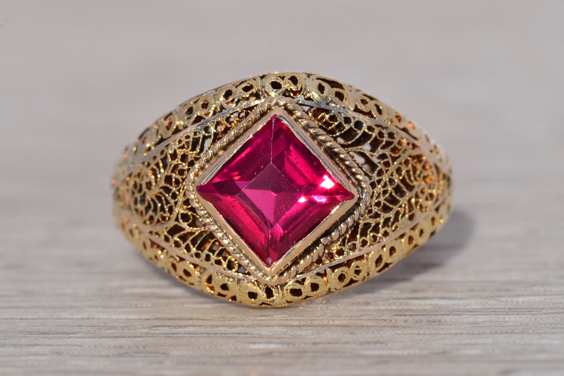 The Crimson Lattice: Lab Created Ruby Ring in Yellow Gold - Image 2
