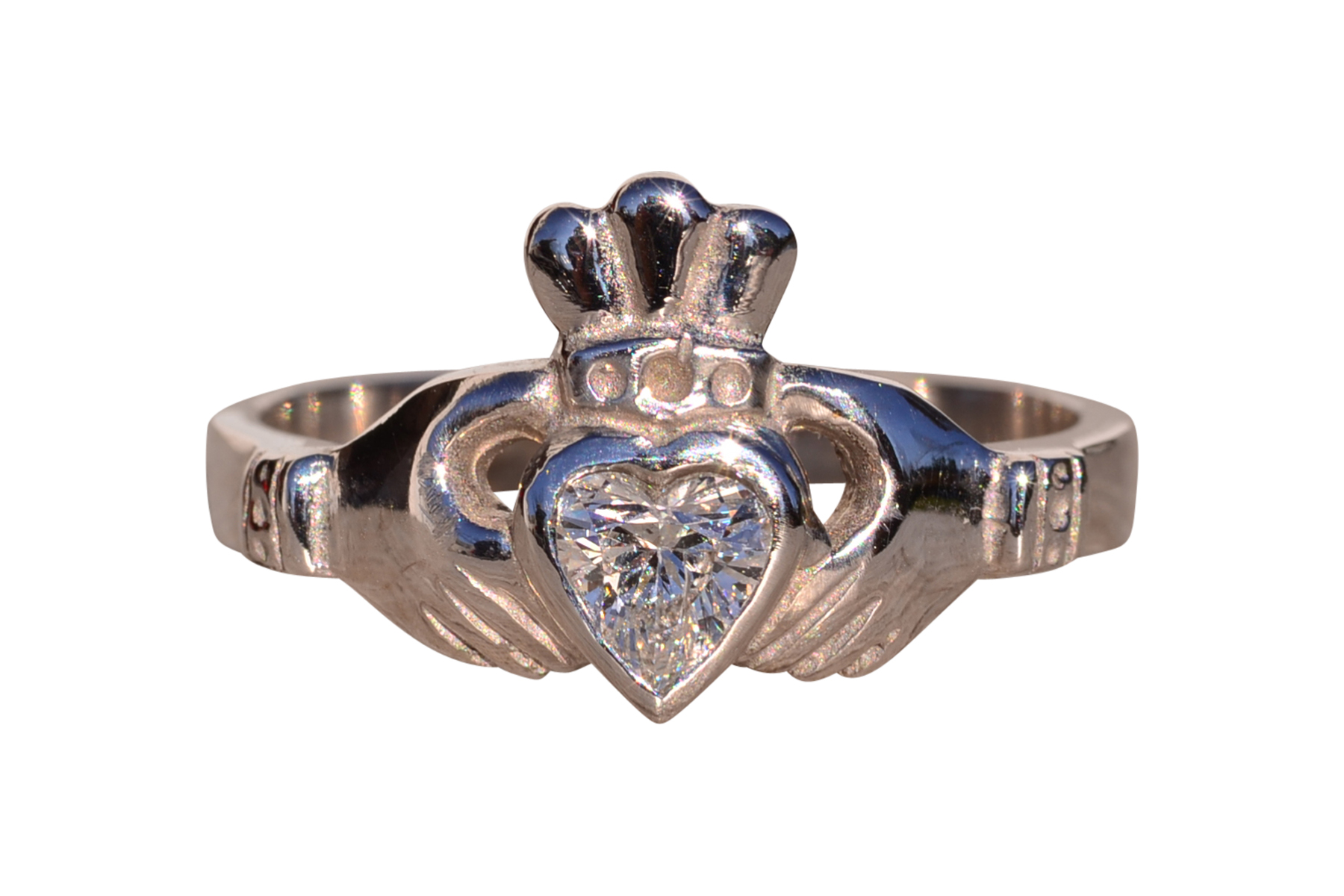 SOLD - The 1st Avenue: White Gold Claddagh Ring with Heart Shaped Diamond Center
