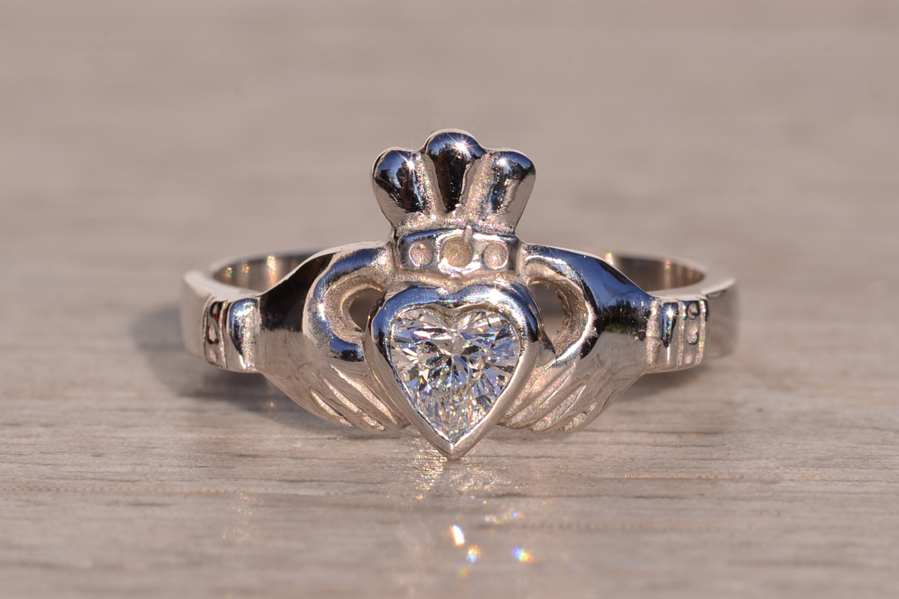 SOLD - The 1st Avenue: White Gold Claddagh Ring with Heart Shaped Diamond Center - Image 2
